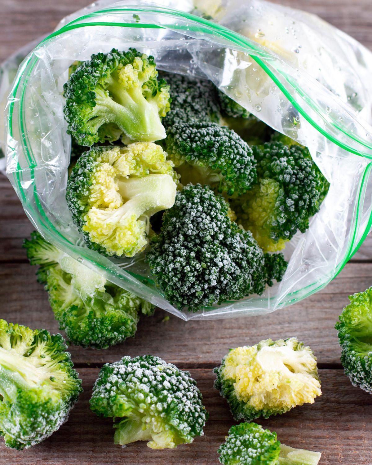 Frozen broccoli in a bag.