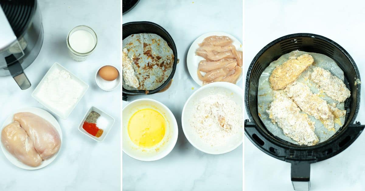 Three images show ingredients for Air Fryer Chicken Strips, coated chicken being prepared, and breaded chicken strips placed in an air fryer basket, ready to cook.