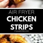 Close-up of a hand holding a crispy Air Fryer Chicken Strip, text reading “Air Fryer Chicken Strips,” and a plate of perfectly cooked chicken strips on a checkered tablecloth.