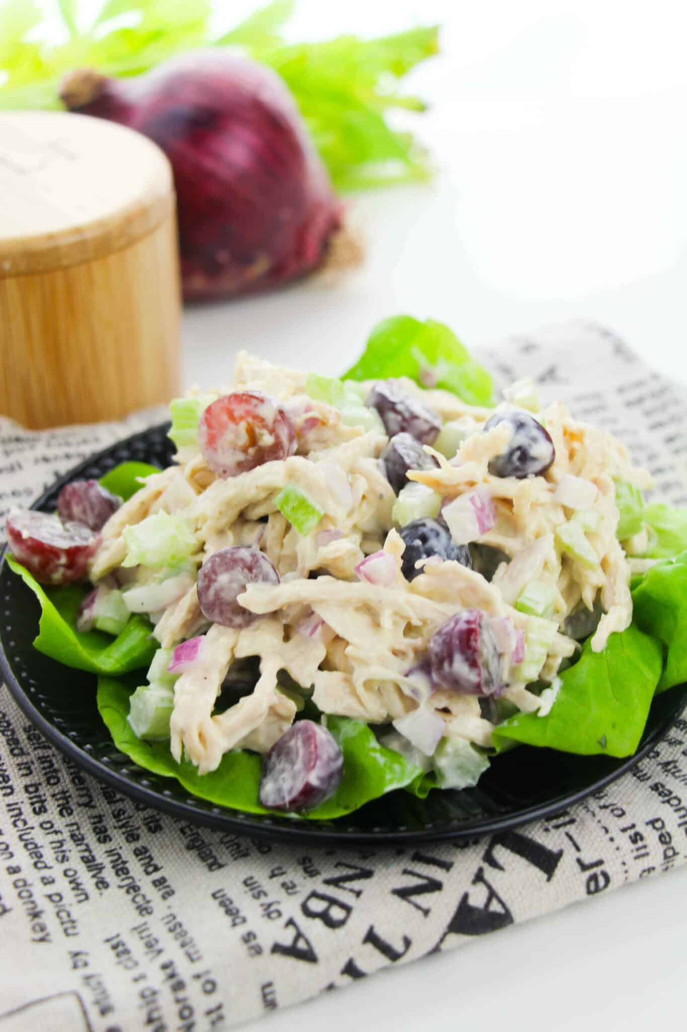 A view of the chicken salad with almonds and grapes.