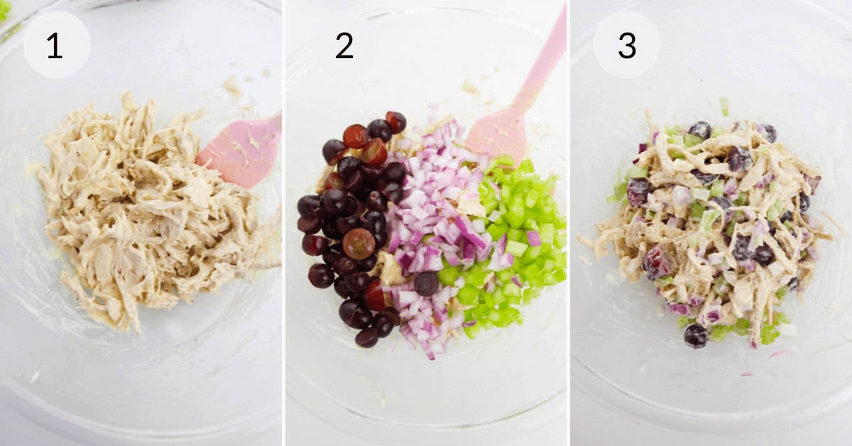 Mixing the diced vegetables with the shredded chicken to create the finished salad.
