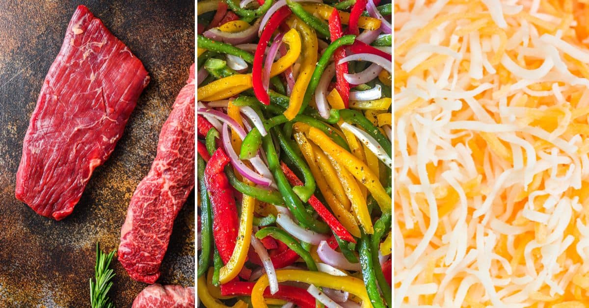 Three-part image: raw steak on the left, sliced bell peppers and onions in the center, and shredded cheese on the right, capturing all you need for a savory Philly Cheesesteak Dip.