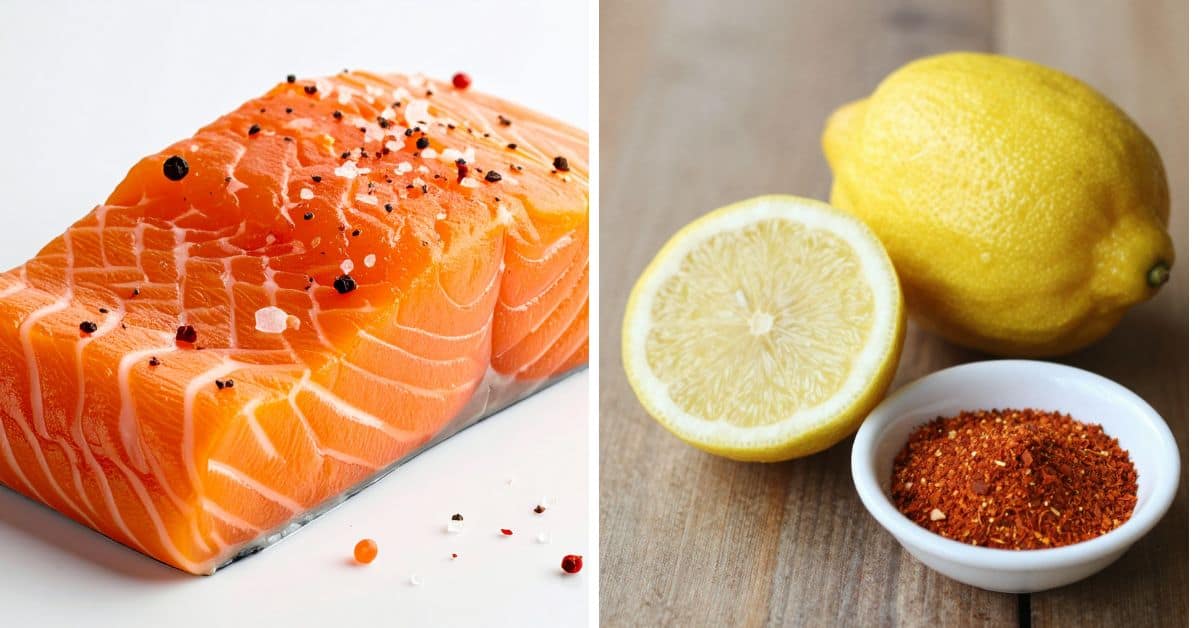 A raw fish fillet with pepper and salt is on the left; on the right are a whole lemon, a halved lemon, and a small bowl of red seasoning on a wooden surface.