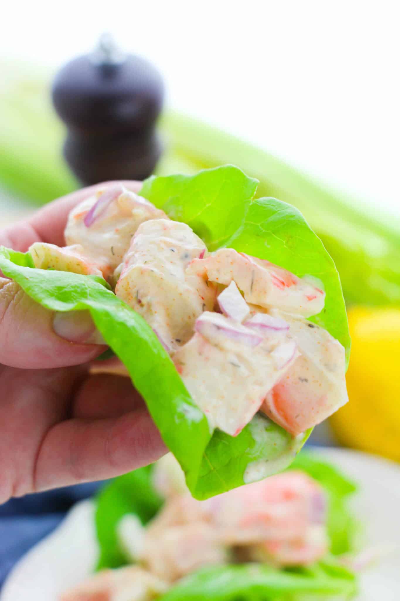 A lettuce wrap filled with the salad.