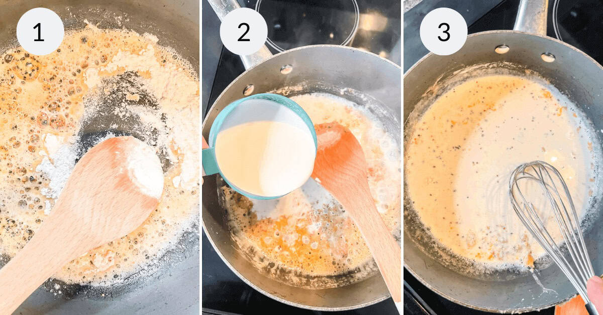 Preparing the creamy alfredo sauce.