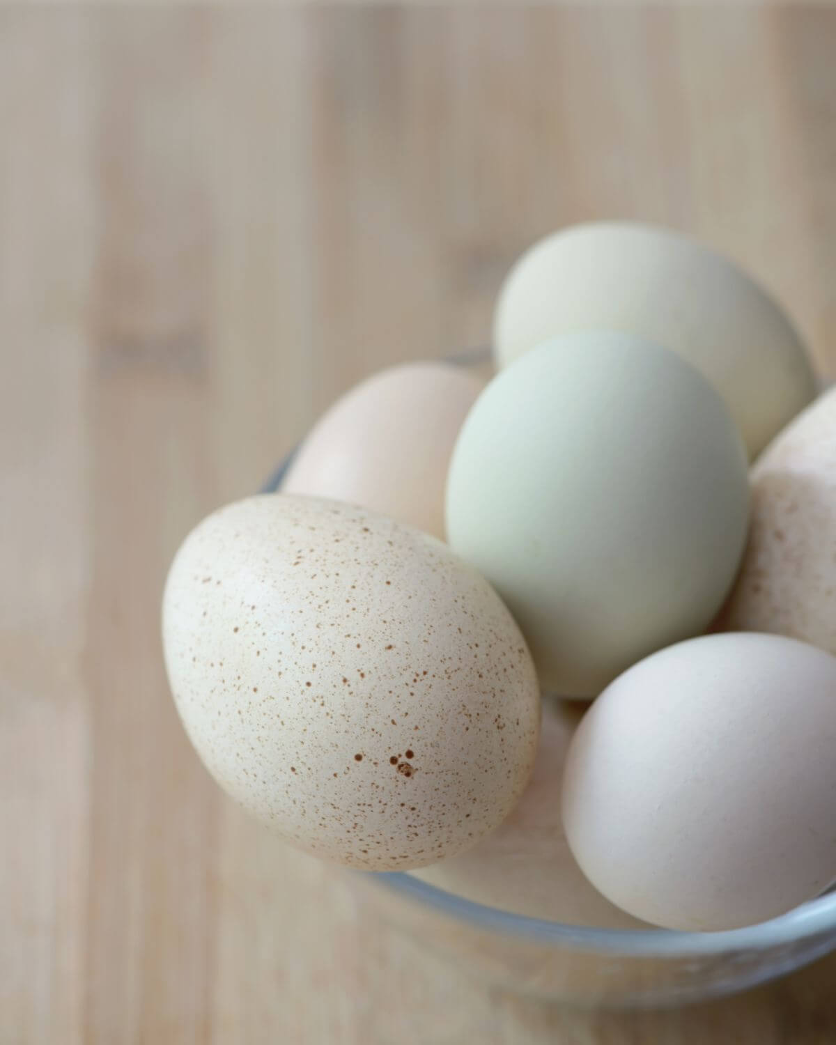 Close up on a bowl of different type of eggs.