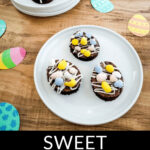 Decorated Easter brownies with easter egg candies on a festive table setup.