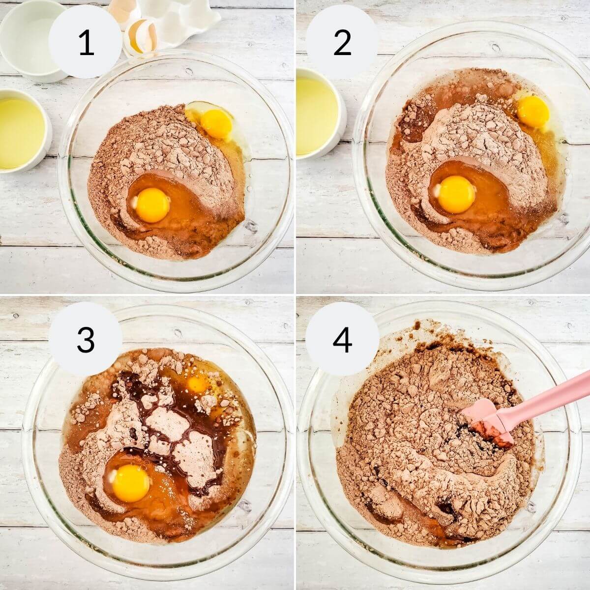 Four-step sequence of making Easter brownies batter: dry ingredients added, eggs included, liquid poured in, and mixture being stirred.