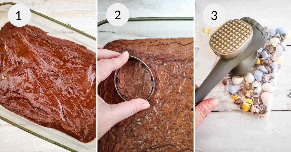 Step-by-step process of making Easter brownies: spreading batter (1), cutting into shapes (2), and adding topping (3).