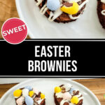 Easter Brownies decorated with pastel candies and chocolate drizzle on a white plate.