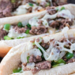 A close up on the finished philly cheesesteak.