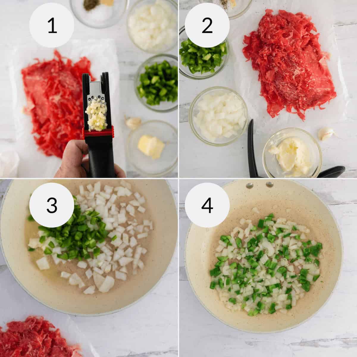 Preparing  the peppers, onions and meat for the sandwich.