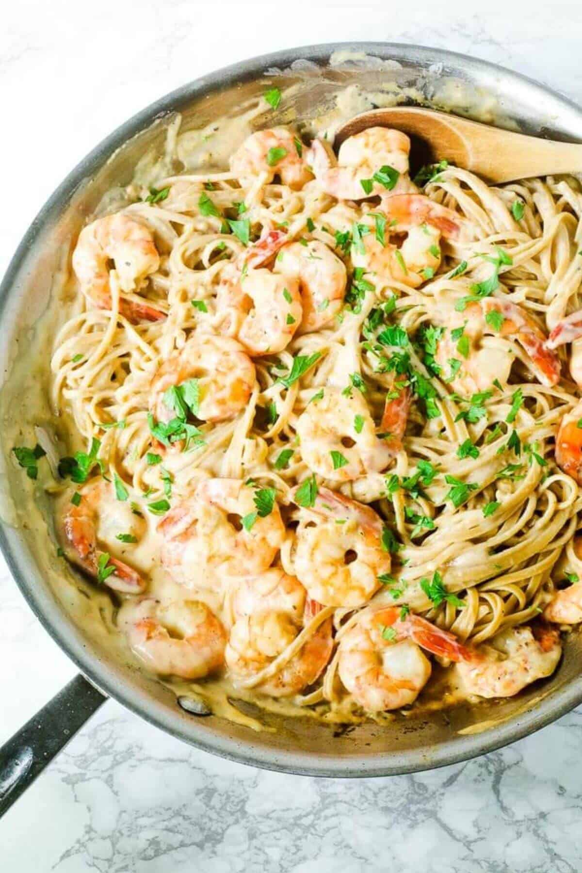 Easy Shrimp Alfredo  in a pan.