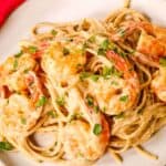 A view from the top of the fish and pasta.