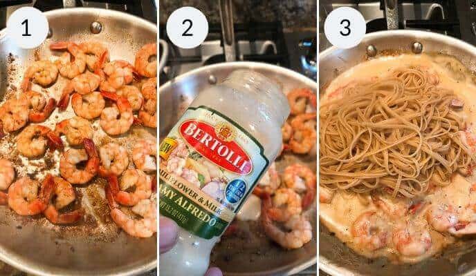 Cooking the shrimp and adding the sauce.