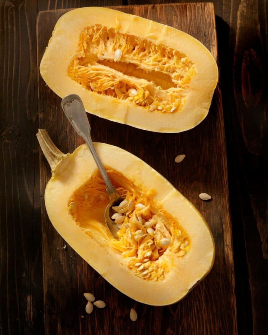 A spaghetti squash cut in half.