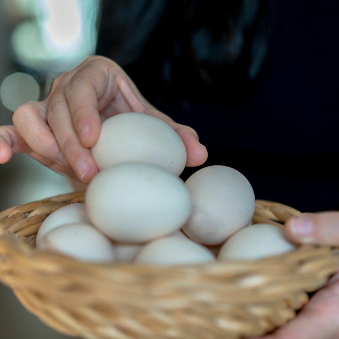 White eggs in a wicker basket.