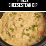 A tantalizing close-up of Philly Cheesesteak Dip, crowned with a sprinkle of chopped green onions. A festive "Game Day" banner waves proudly above.