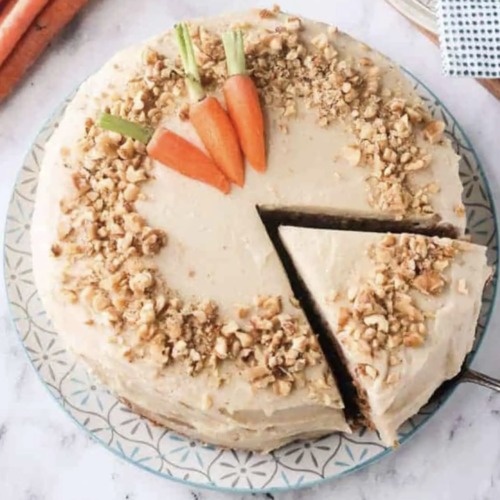 Delicious vegan carrot cake with cashew cream cheese frosting