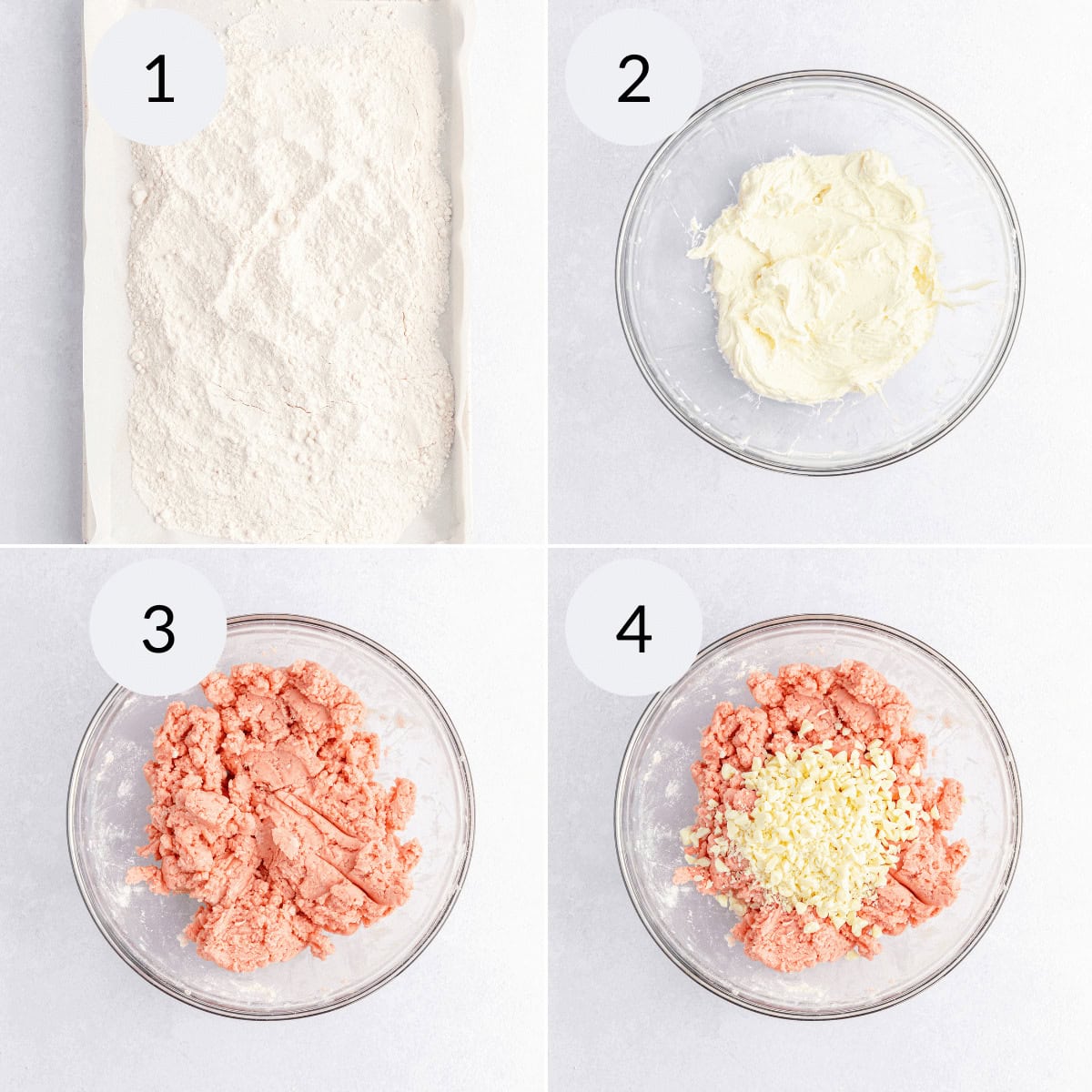 Four-step process: flour on a tray (1), cream cheese mixture in a bowl (2), Strawberry Truffles added to the mixture with ground meat (3), and the mixture combined with chopped onions (4).