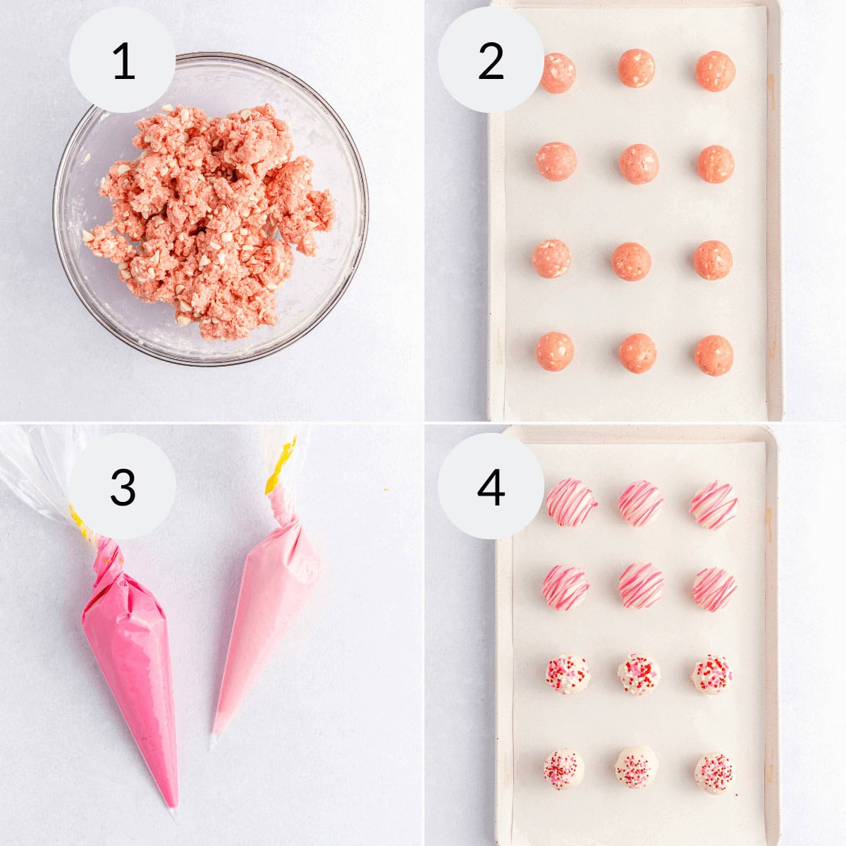 Four-step process  mixing ingredients, shaping balls on a tray, preparing pink icing in piping bags, and displaying decorated cake balls on a tray.