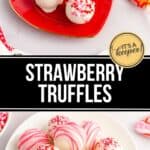 A plate of strawberry truffles covered in white chocolate and pink sprinkles, beautifully arranged on white and red heart-shaped plates for a charming presentation.
