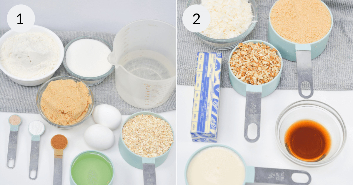 Oatmeal, coconut, butter flour baking powder and the ingredients to make the cake.