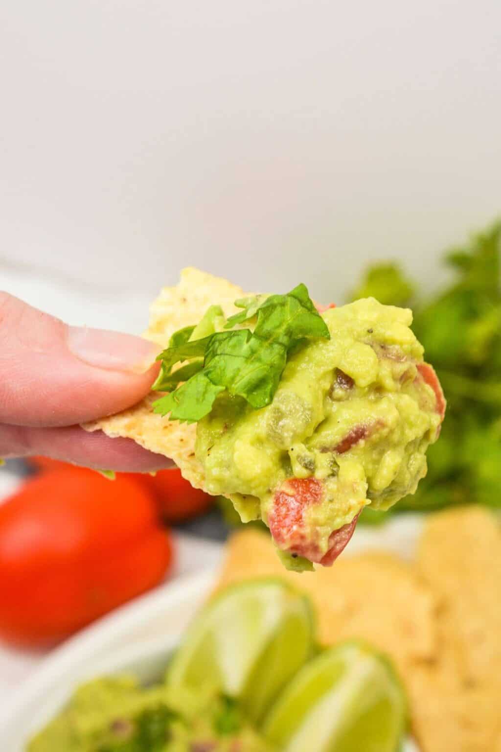 A hand holds a tortilla chip topped ingredient recipe and fresh cilantro, with tomatoes, lime wedges, and more chips in the background.