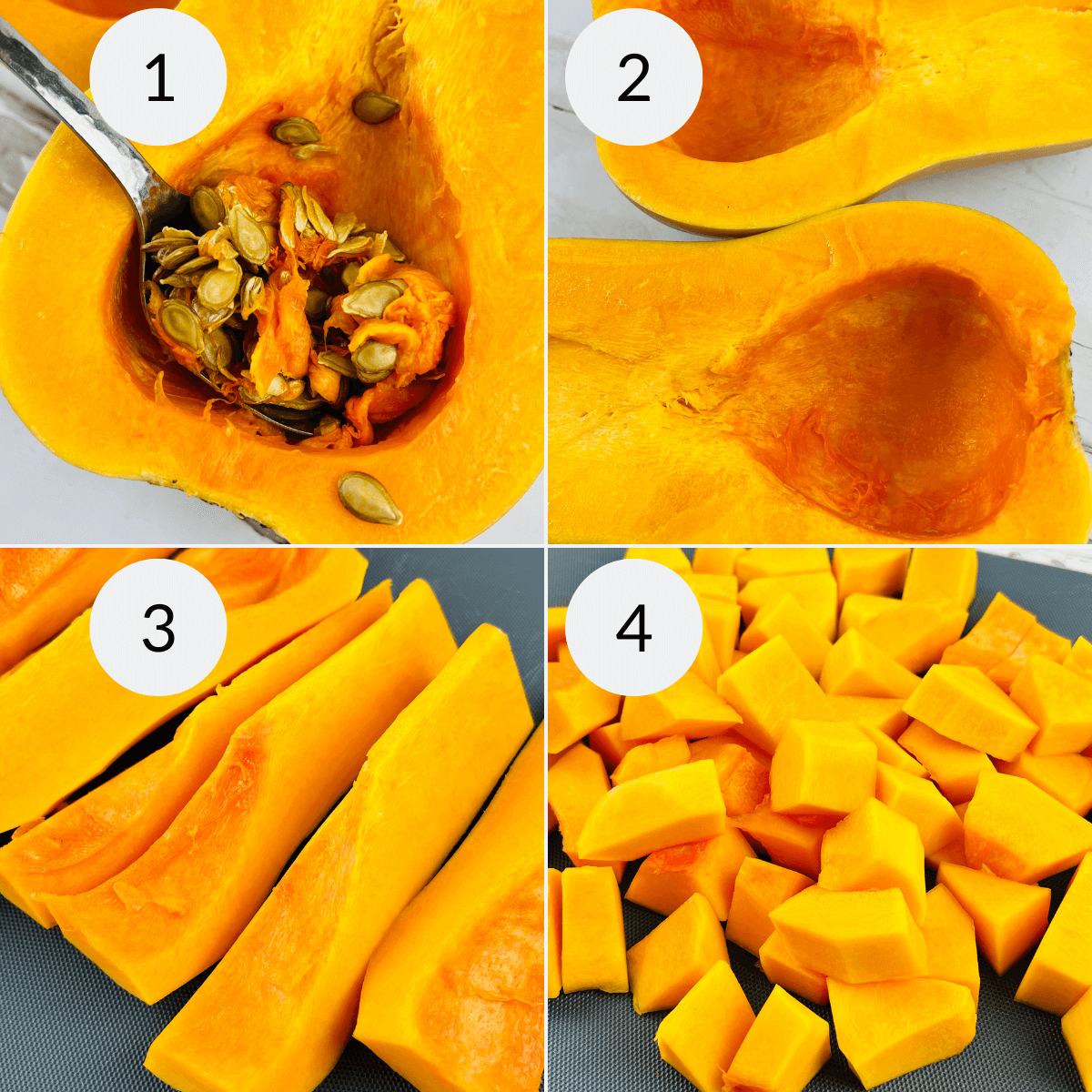 Slicing and preparing the squash and cubing.