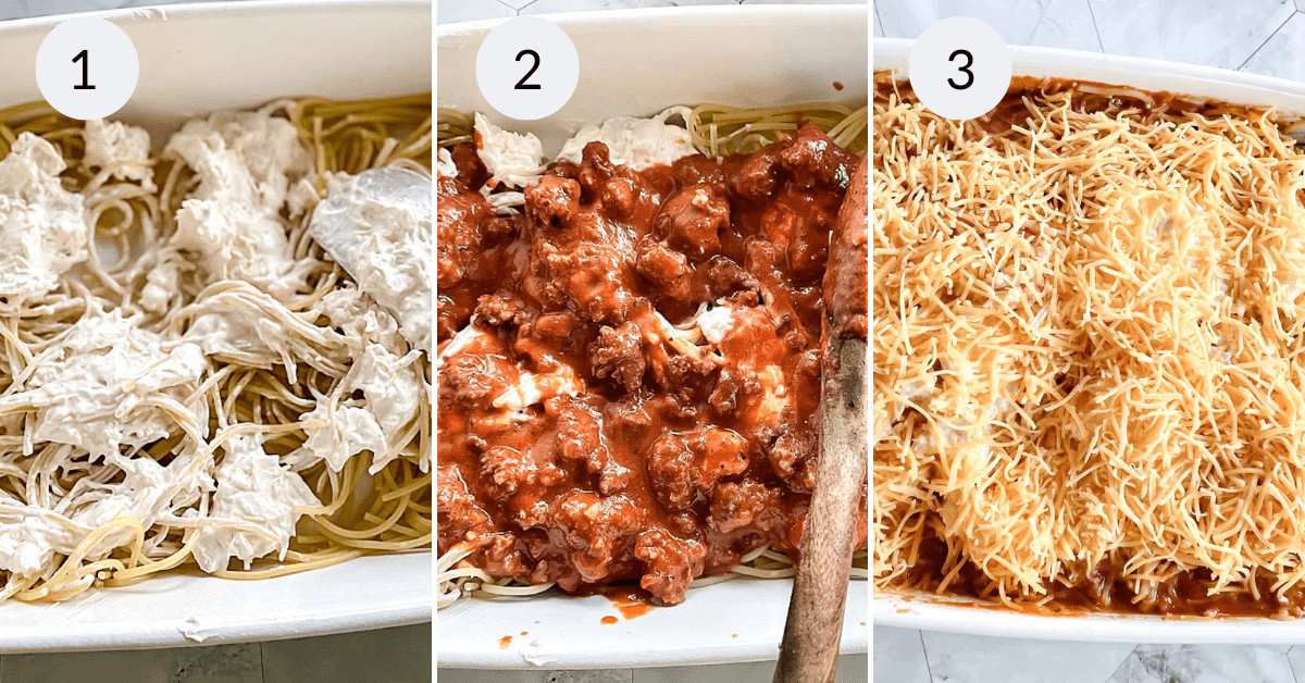 Mixing the sauce, beef and cheese together and then mixing in the pasta for the cheesy baked spaghetti.