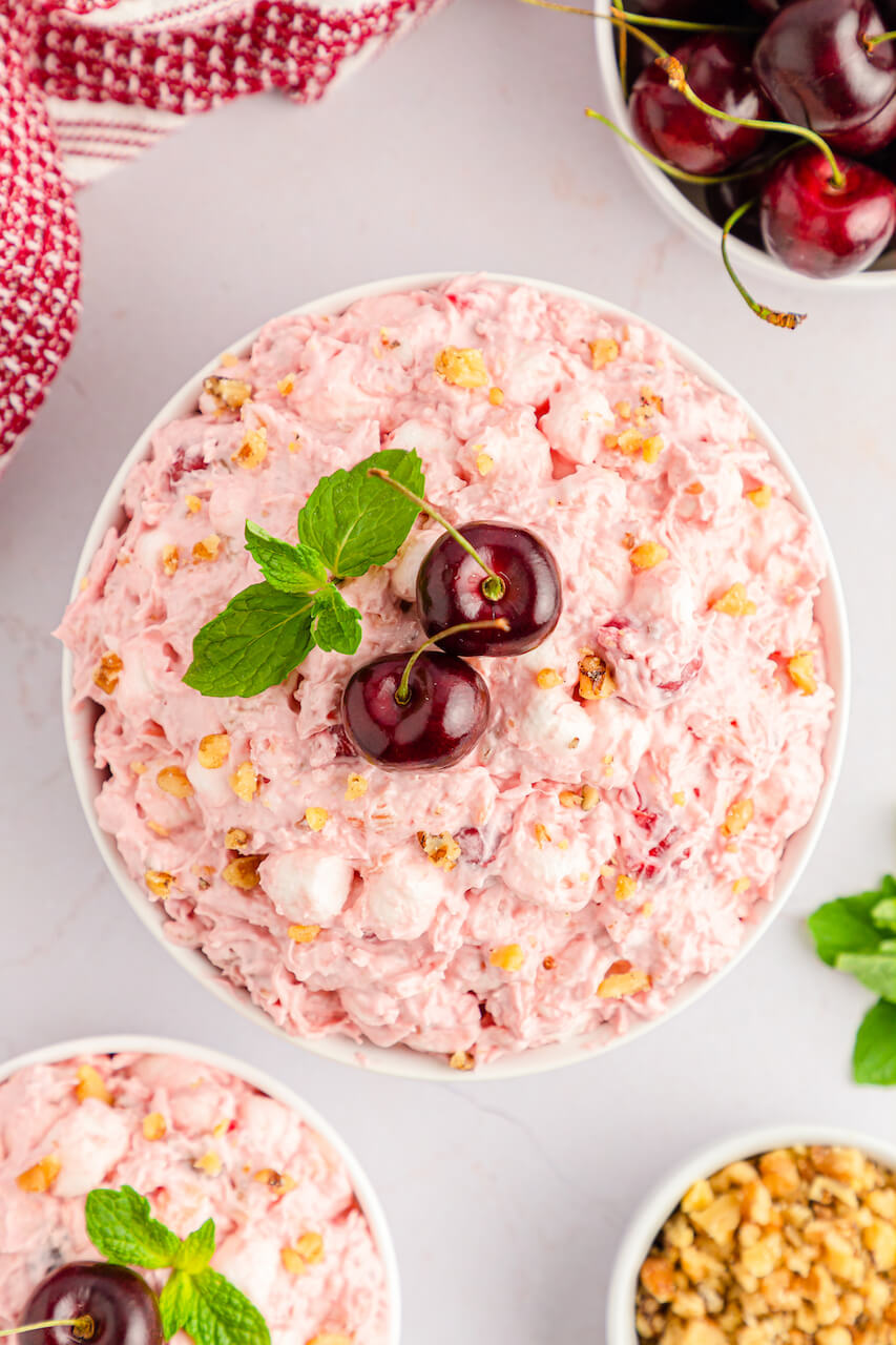A photo showing the top of the cherry fluff salad.