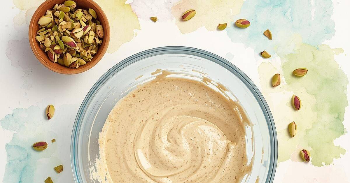 A glass bowl with creamy beige Pistachio Pudding Cookies batter sits next to a small wooden bowl filled with chopped pistachios on a pastel watercolor background.