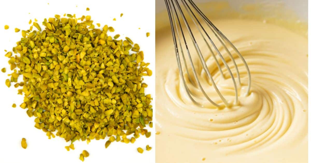 Chopped pistachios on the left and a metal whisk mixing creamy Pistachio Pudding Cookies batter in a bowl on the right.