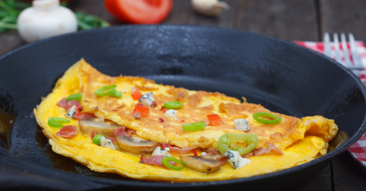 An omelet in a cast iron pan.