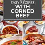 A mouthwatering collage of different dishes featuring easy recipes with corned beef.
