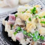 A dish of ham and noodles.