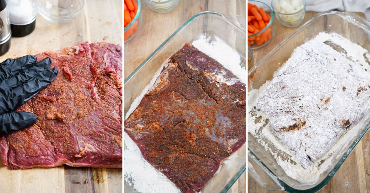 Three-panel image showing: seasoned raw beef being patted with a gloved hand, beef coated with seasoning in a glass dish, and the same Oven Brisket covered in flour. Carrots and onions are nearby.