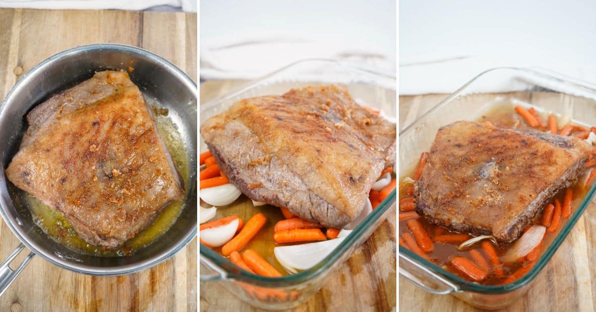Three images show steps of cooking an oven brisket: searing in a pan, placing it on carrots and onions in a baking dish, and the fully cooked brisket with vegetables in the dish.