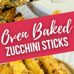 An oven baked zucchini stick and a stack of the finished dish.