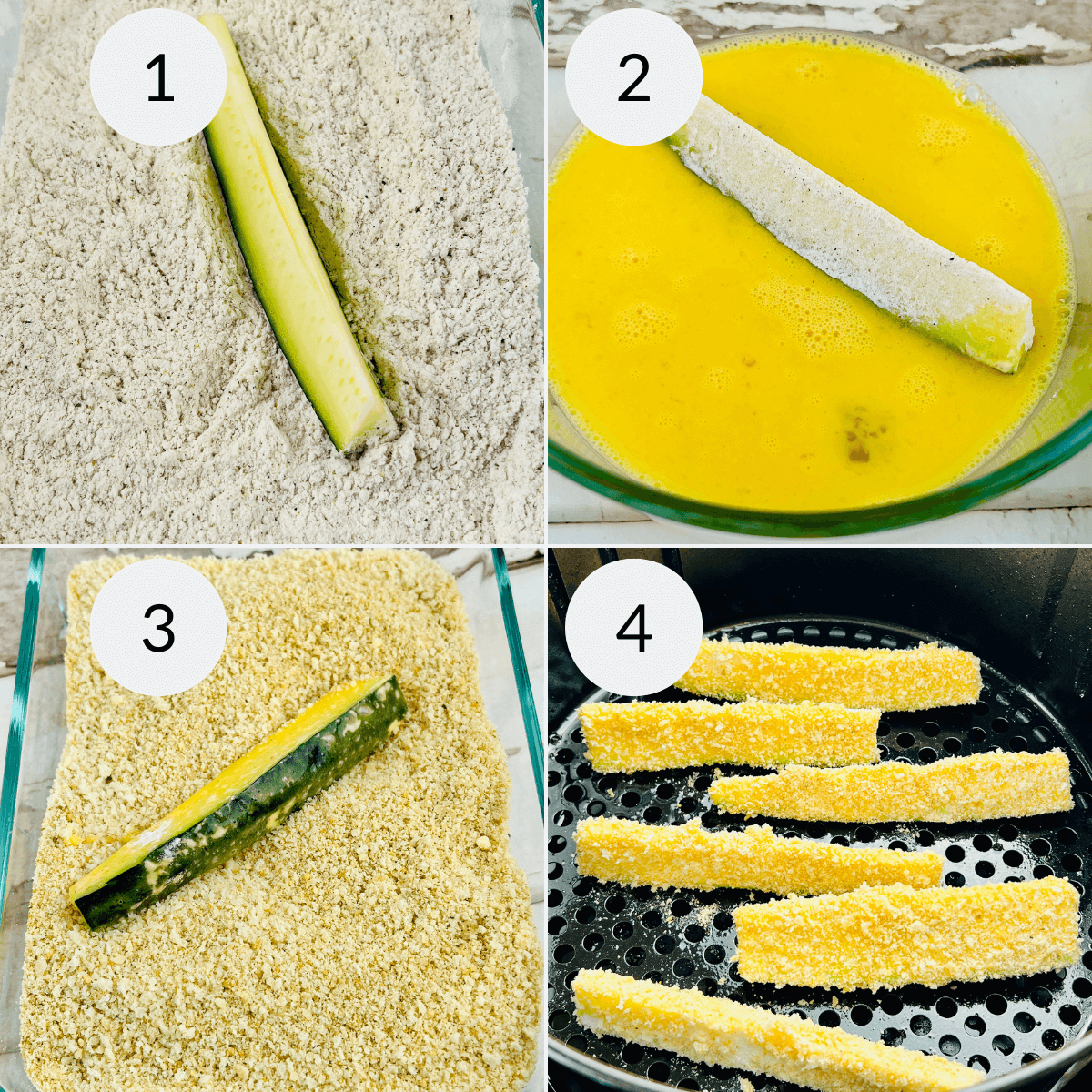 Coating your zucchini sticks and placing them in the air fryer.