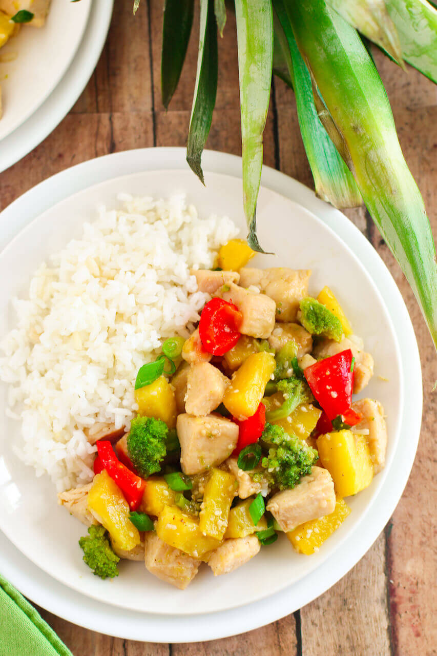Pineapple chicken stir fry on a plate.