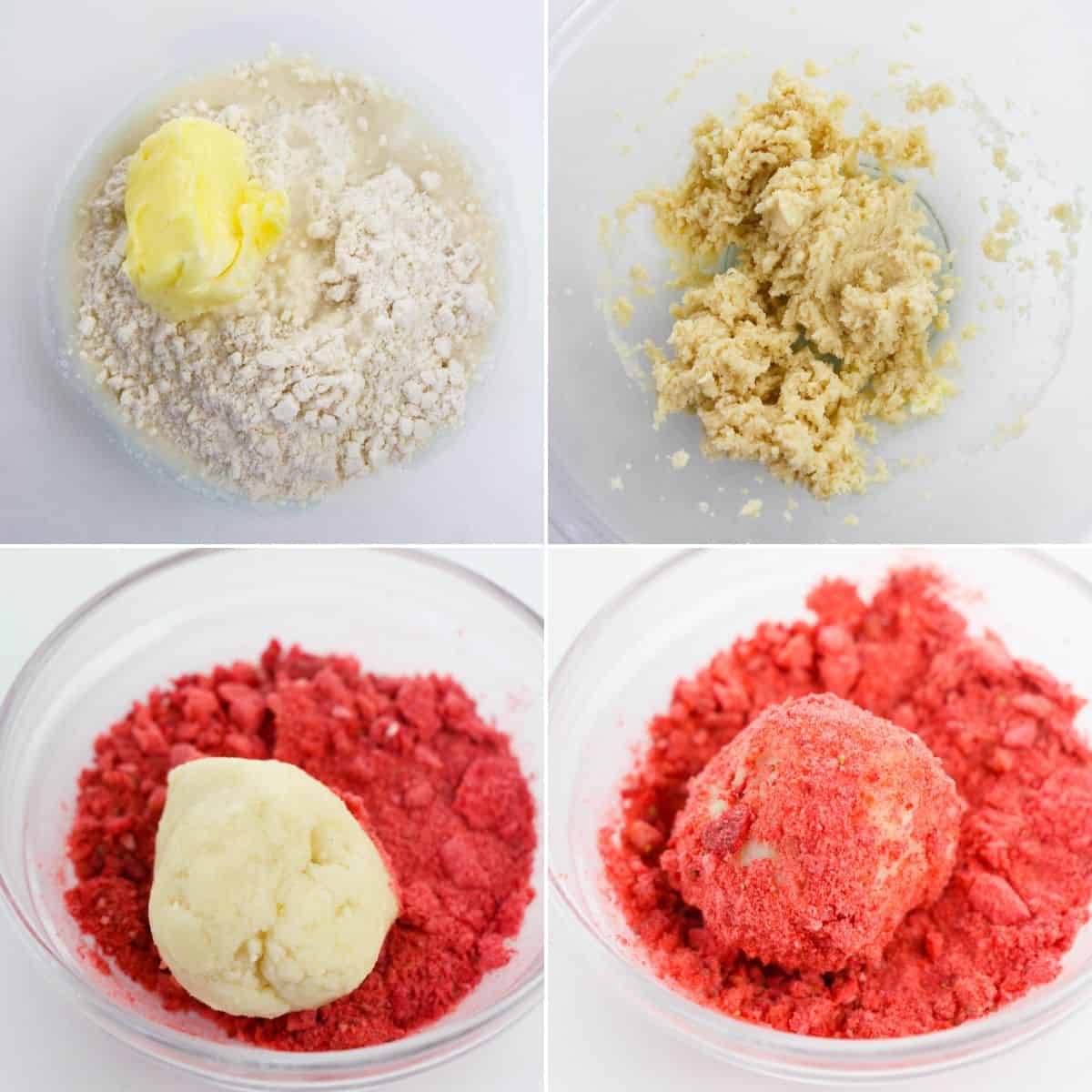 Four stages of preparation: mixing flour and butter, creamed dough, plain dough ball, and a dough ball coated in crushed red crumbs, all displayed in clear bowls.
