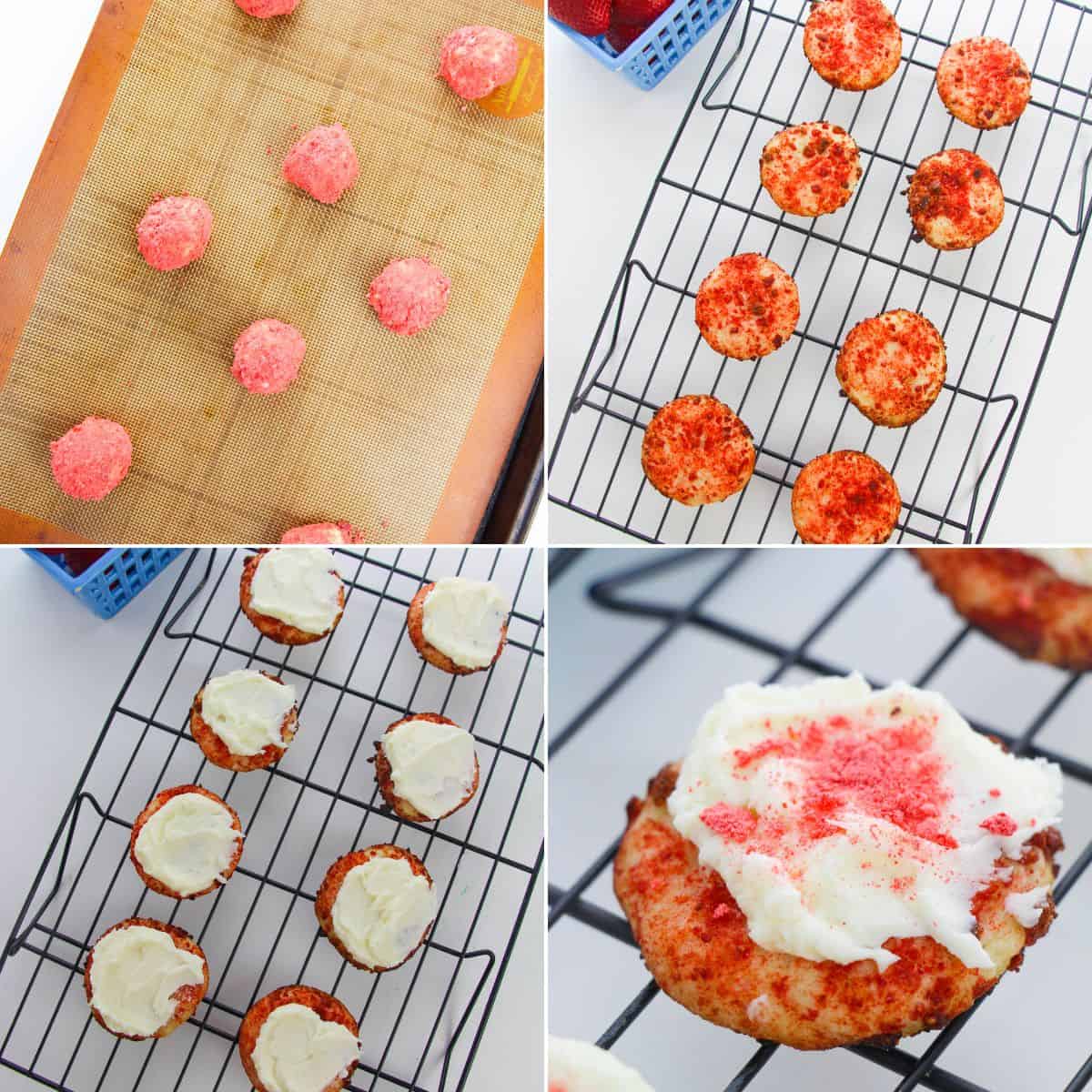 Four images show the cupcake process: dough balls on a baking tray, baked cupcakes cooling, cupcakes with frosting, and a close-up of a frosted cupcake topped with Strawberry Crunch Cookies and sprinkles.