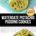 A collage of cookies on a plate features delicious Pistachio Pudding Cookies, adding a pop of color and flavor.