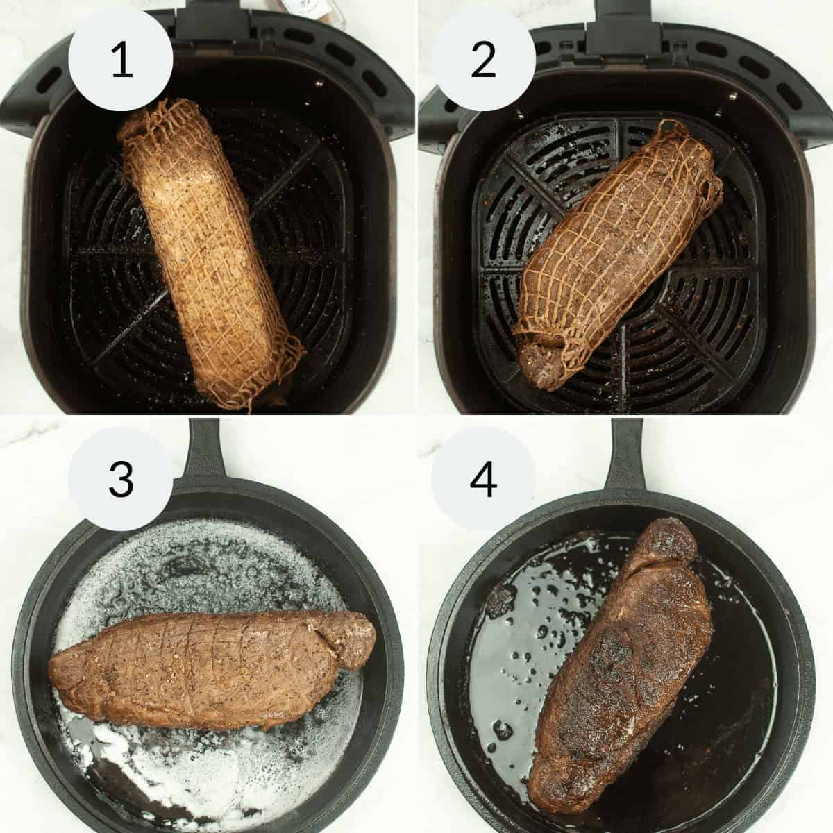Four-step cooking process: Air Fryer Beef Roast is first seasoned and cooked in an air fryer (steps 1-2), then seared and browned in a skillet with melted butter (steps 3-4).