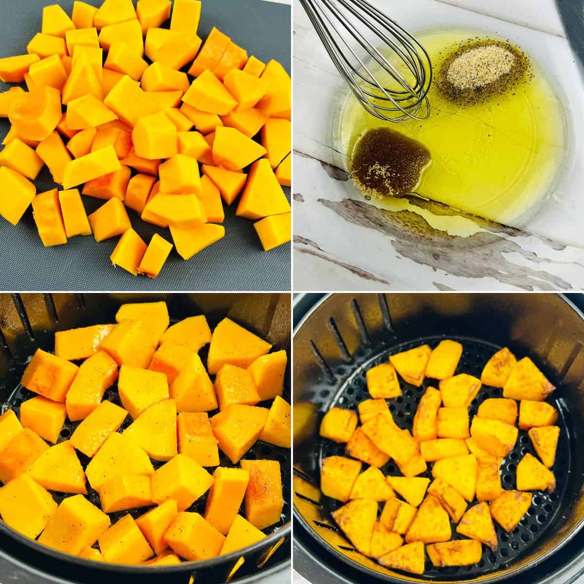 Four images show cubed butternut squash, a bowl with oil and spices, seasoned squash in a bowl, and Air Fryer Butternut Squash arranged in an air fryer basket.