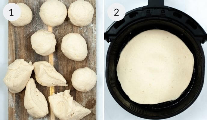 Rolling the dough into balls, flattening and placing them into the air fryer.