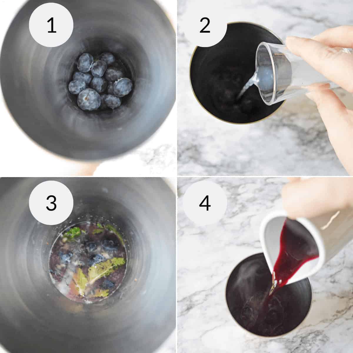 Four-step process for making a Blueberry Mojito cocktail. Step 1: Blueberries in a shaker. Step 2: Pouring clear liquid into the shaker. Step 3: Muddled blueberries with herbs. Step 4: Pouring the mixture into a glass.