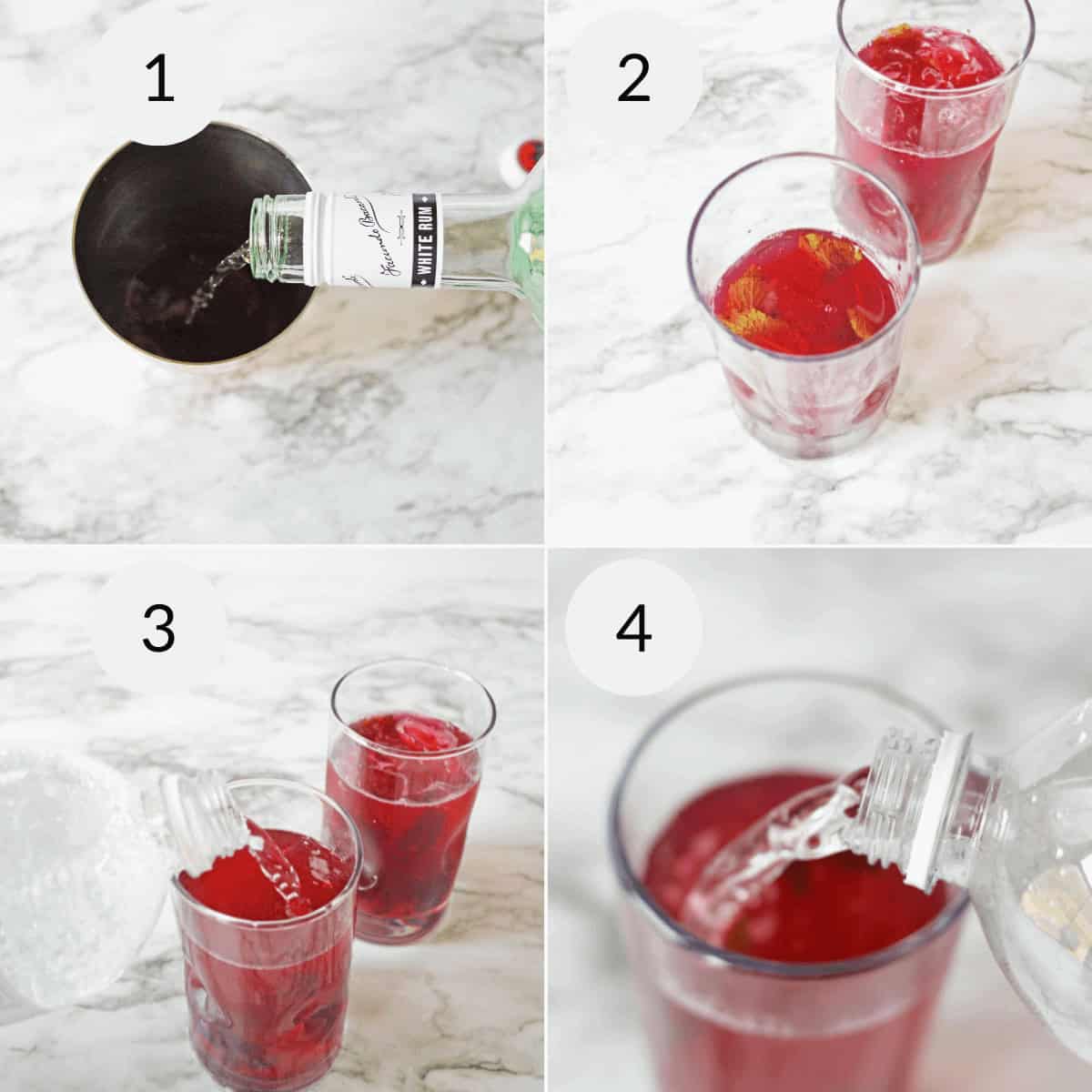 Step-by-step sequence showing a Blueberry Mojito being prepared. In the first step, liquor is poured into a cup, followed by a red liquid. In the third step, a clear liquid is added, and in the fourth step, club soda is poured.