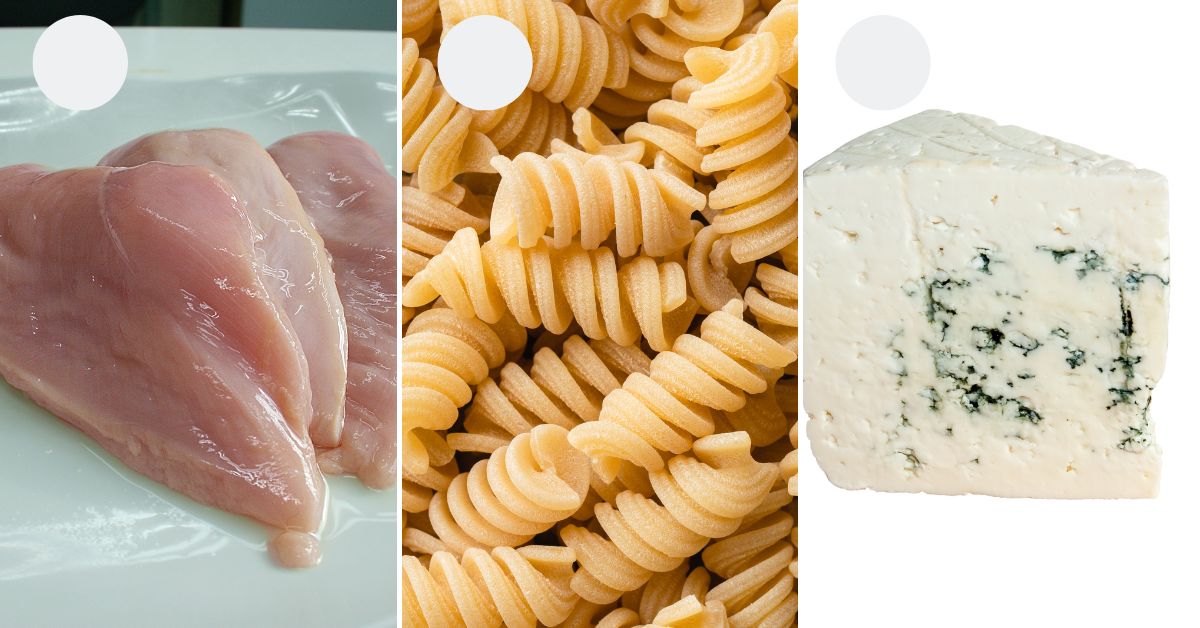 Ingredients needed, chicken pasta and cheese.
